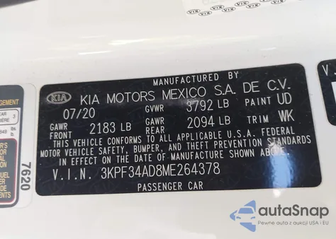 2021 Kia Forte Gt-Line из США, поврежденный, VIN 3KPF34AD8ME264378